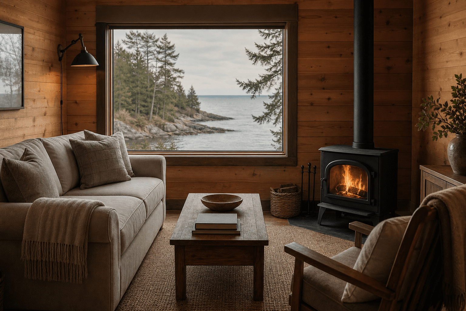 A guest-ready North Shore cabin living room with a lake view and wood stove