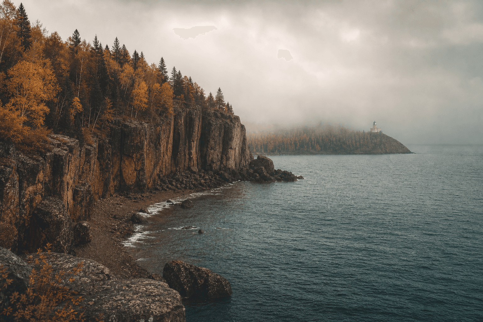 Basalt cliffs and autumn forest meeting Lake Superior on the North Shore